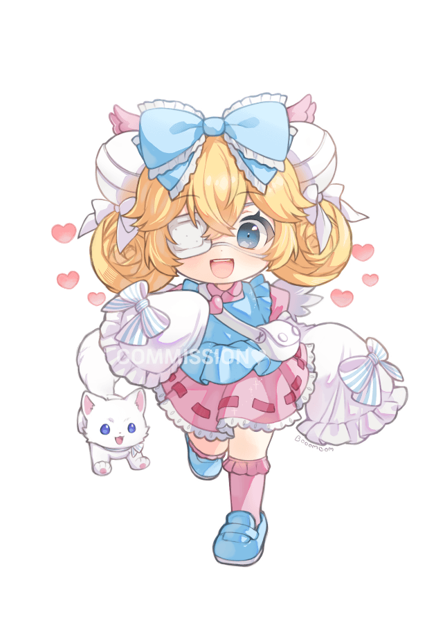 Cinnamon roll hair girl with big ribbon, frills, and pet