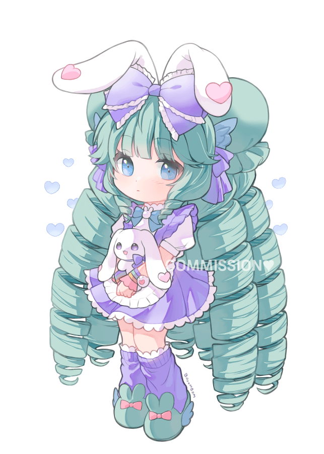 Drill hair ojou-sama style girl with bunny ears, big ribbon, frills and a plush