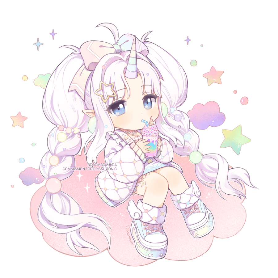 Girl with puffy twin braids, rainbow background, drinking unicorn shake